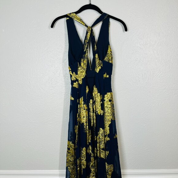 Xscape Silk Navy Blue and Gold Metallic Maxi Evening Gown - Picture 6 of 12